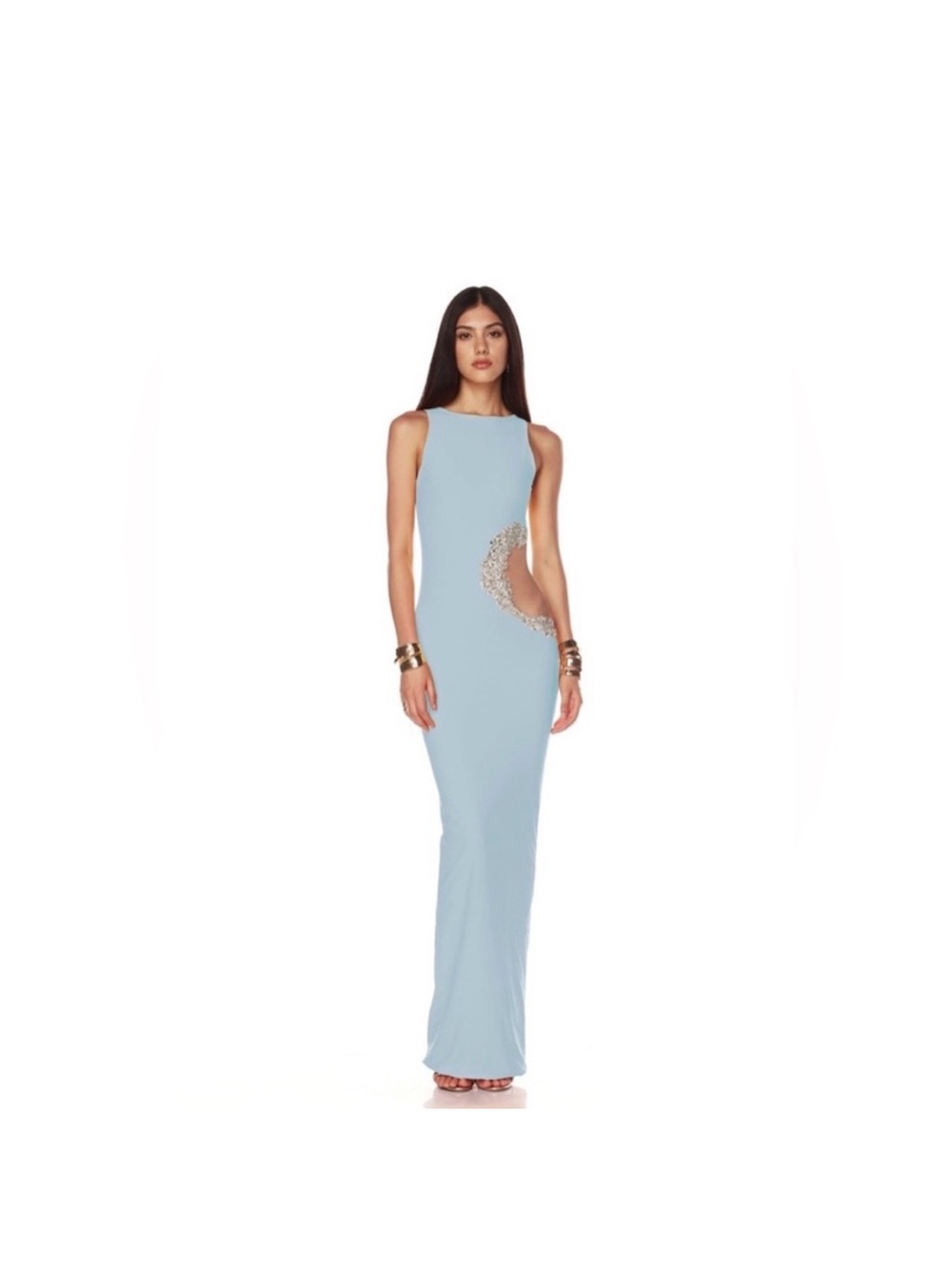 BRONX AND BANCO Camila Rhinestone Cutout Maxi Dress in powder blue